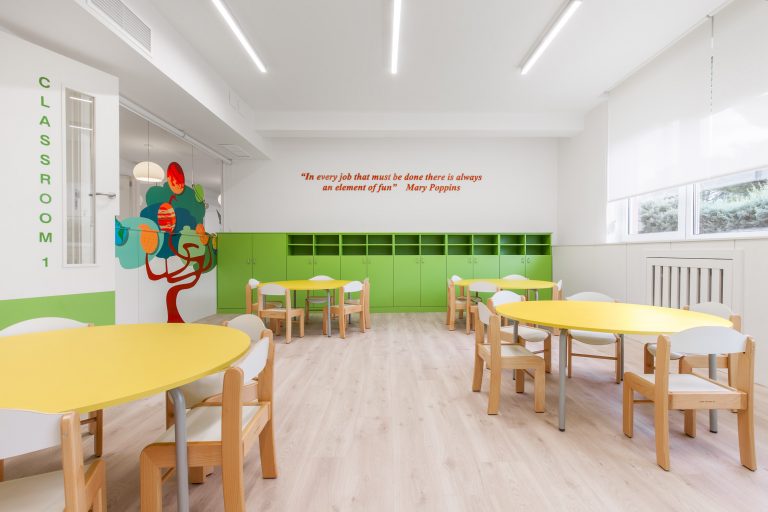 fotografo de interiores aula clase escuela infantíl con armarios verdes y mesas tablero amarillo