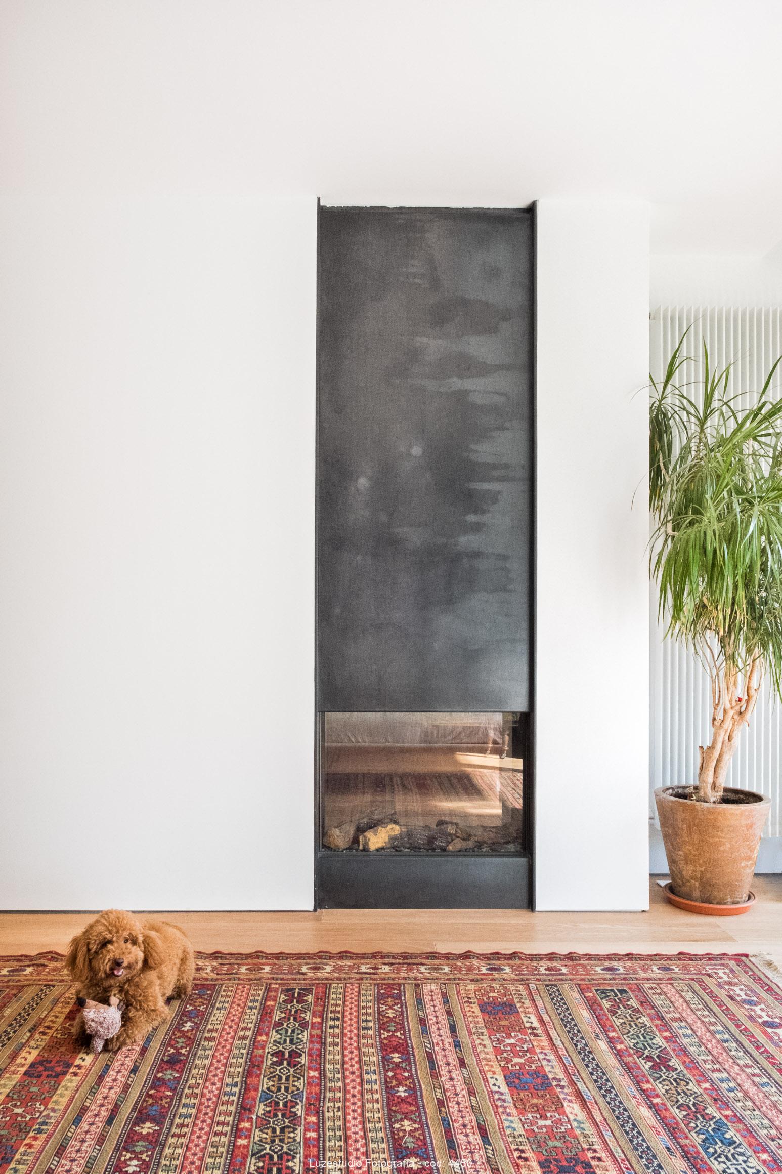 fotografía de perro con juguete en alfombra frente a chimenea vertical en vivienda madrileña