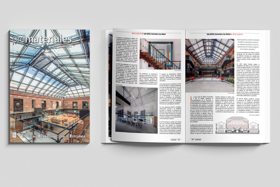 Publicación fotografias en Promateriales, portada y reportaje reforma Repsol Allende Arquitectos