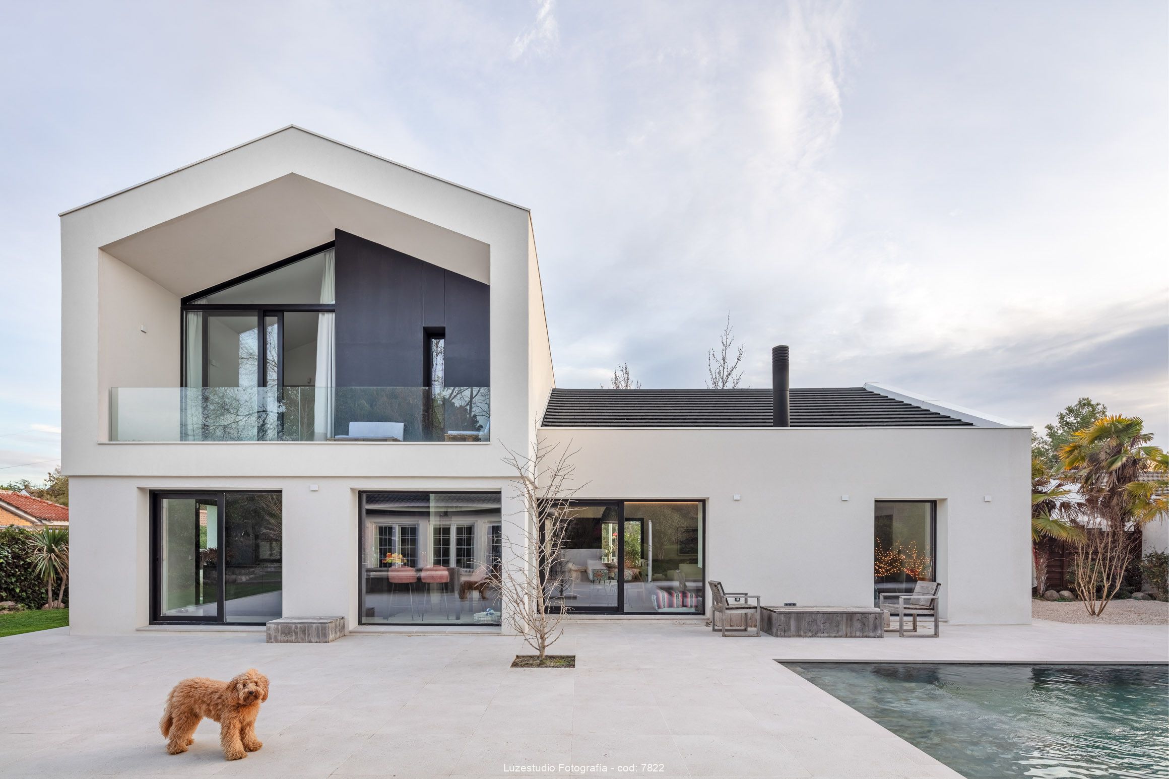 foto de arquitectura casa unifamiliar con fachada blanca amplias ventanas y perro barbet marron en pozuelo