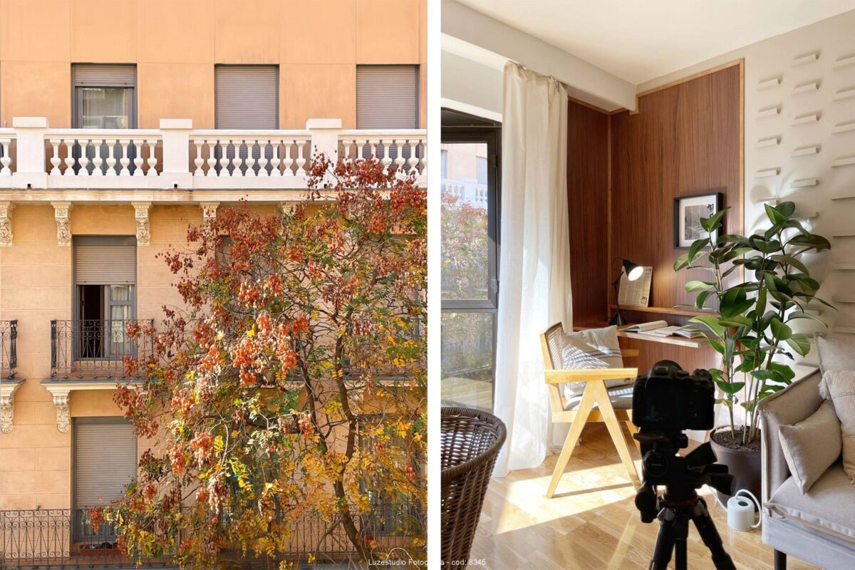 montaje de 2 fotografías, una facahda de edificio en tono naranja con arbol de hojas coloridas y una fotografía interior con una camara de fotos sobre tripode delante de un escritorio con luz natural