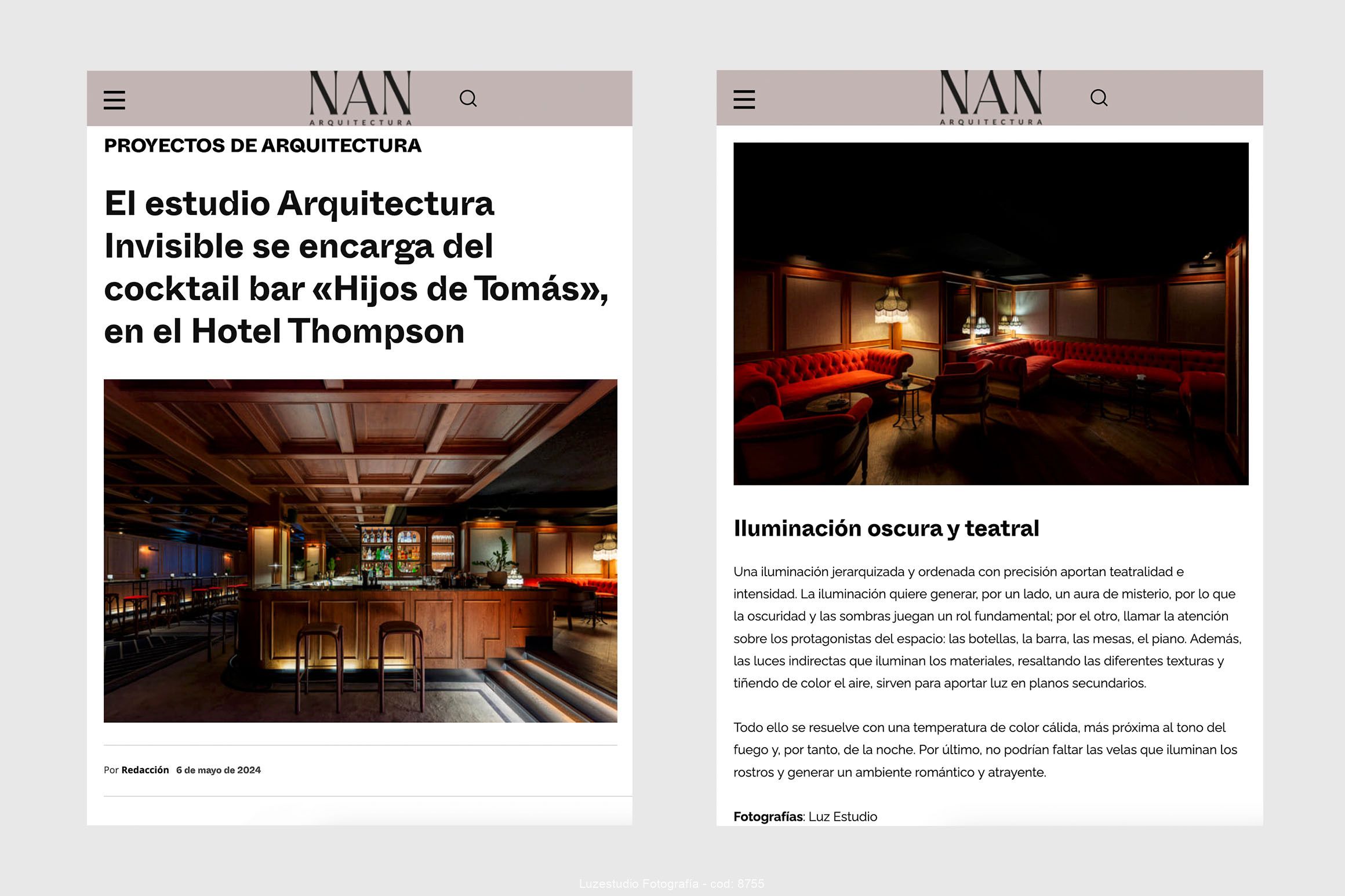 portada de articulo de revista de arquitectura con fotografia de interiores y texto