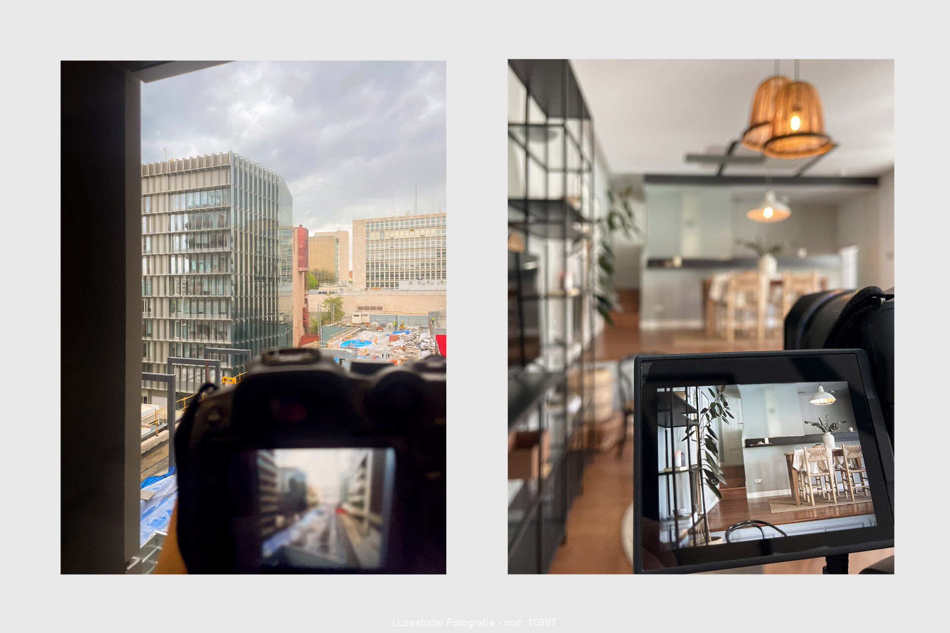 díptico de dos fotografías que muestran la cámara de los fotógrafos de arquitectura e interiores de luzestudio trabajando en obras arquitectonicas de madrid