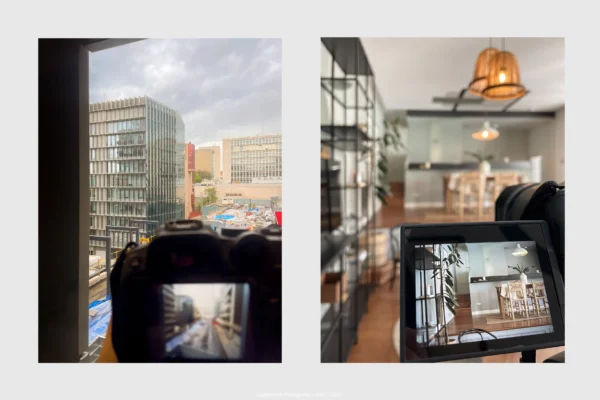 díptico de dos fotografías que muestran la cámara de los fotógrafos de arquitectura e interiores de luzestudio trabajando en obras arquitectonicas de madrid