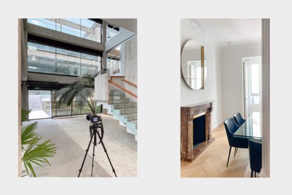diptico de dos fotografías mostrando el trabajo de fotógrafa de arquitectura en una oficina y un fotógrafa de interiores en una vivienda de madrid