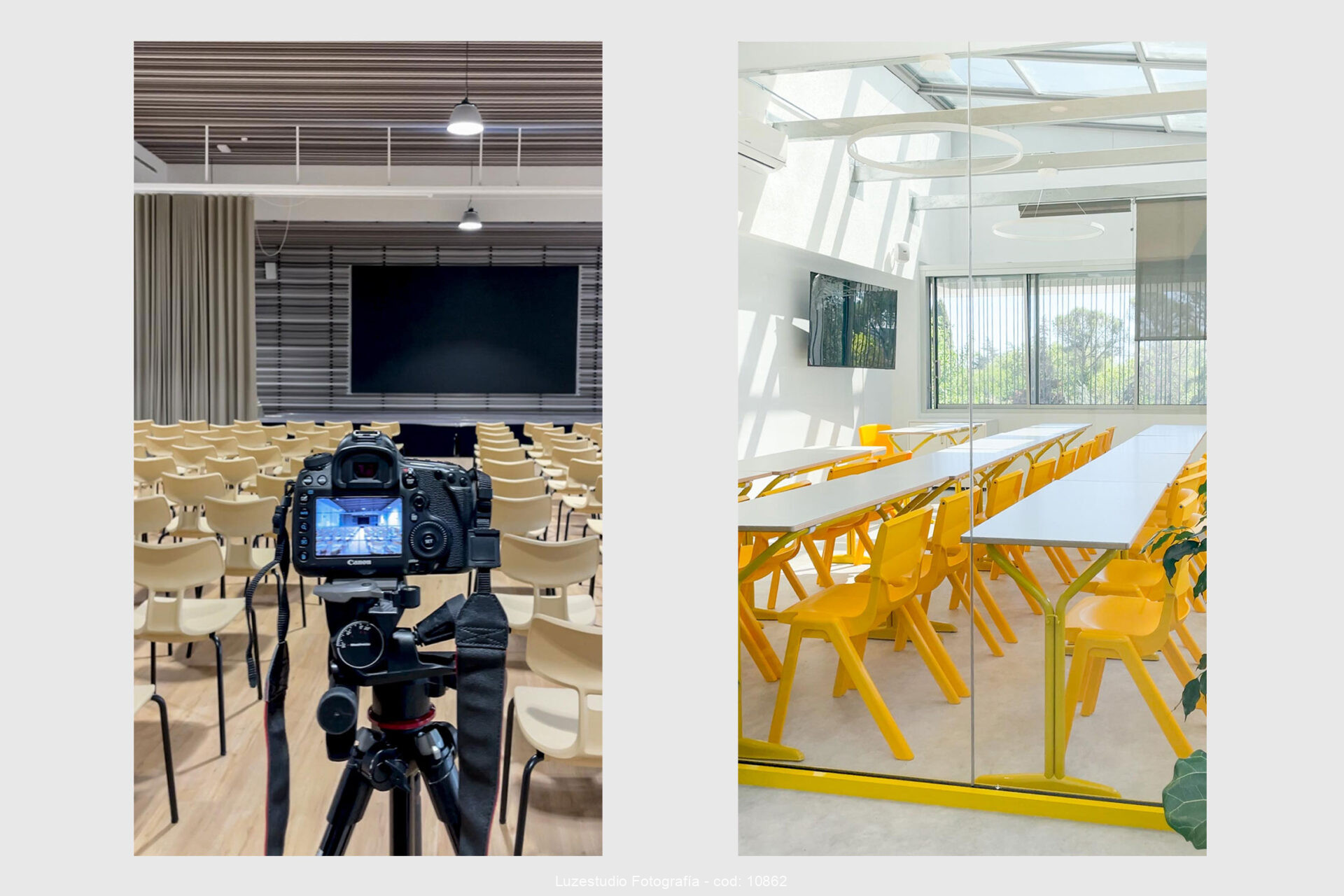 diptico de dos fotografias mostrando una camara de fotos durante un reportaje de mobiliario en un auditorio y una fotografia de aula con mucha luz natural y sillas amarillas