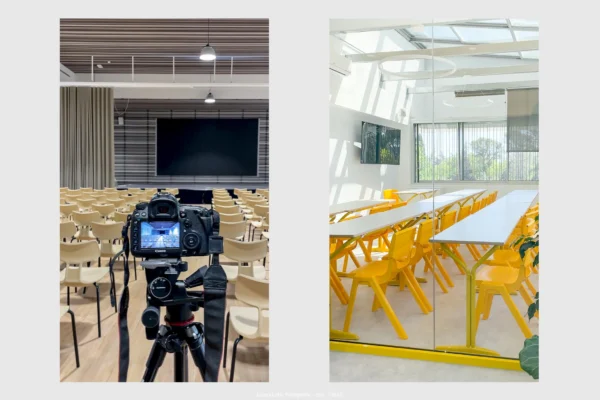 diptico de dos fotografias mostrando una camara de fotos durante un reportaje de mobiliario en un auditorio y una fotografia de aula con mucha luz natural y sillas amarillas