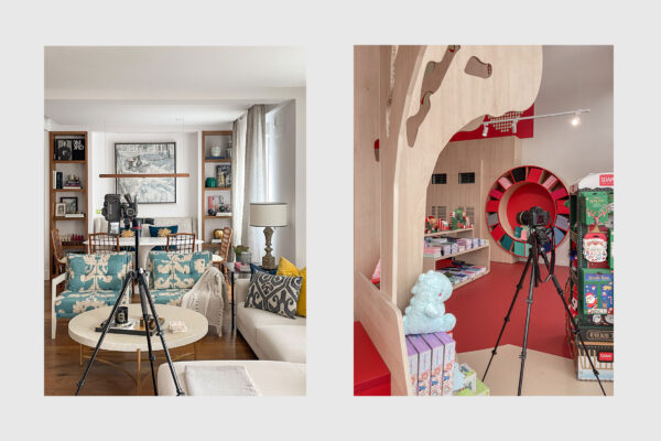 diptico de 2 fotografias mostrando camara y tripode de fotografo de interiores trabajando